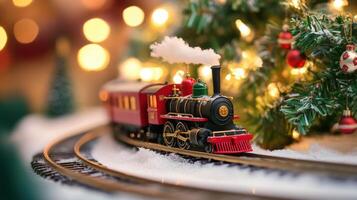Festive miniature train on a holiday display. photo