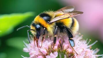 Close-up view of a fuzzy bee on a cluster of pink flowers. photo