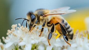 Close-up of a honeybee collecting pollen from a flower. photo
