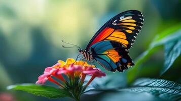 Vibrant butterfly resting on a flower in a garden setting. photo