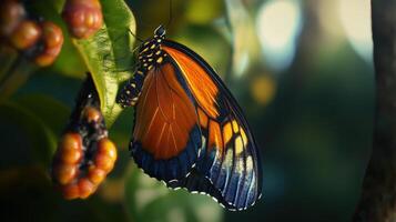 Close-up of a vibrant butterfly resting on foliage. photo
