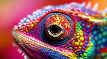Close-up view of a vibrantly colored chameleon. photo