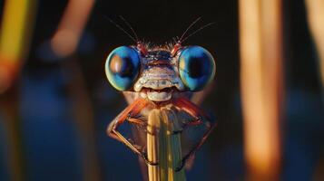 Close-up of an insect's head with striking eyes. photo