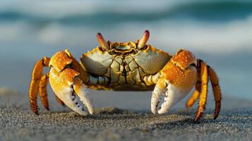 Close-up view of a vibrant orange crab on sandy shore. photo