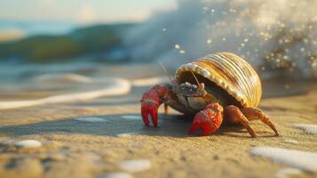 A hermit crab on sandy shore with a shell. photo