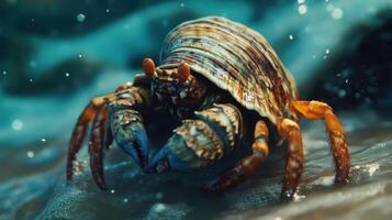 Close-up view of a colorful hermit crab on a wet rock. photo