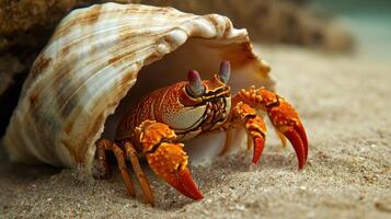 Close-up of a small crab inside a seashell. photo