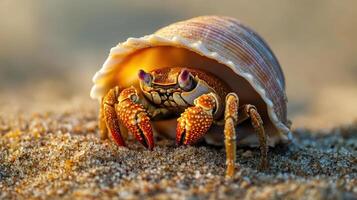 Close-up of a hermit crab inside its seashell on the beach. photo