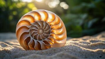 Detailed spiral seashell resting on sandy beach. photo