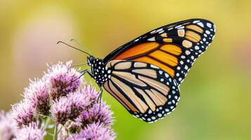 Close-up view of a monarch butterfly feeding on a flower. photo