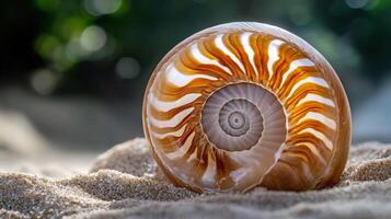 Intricate spiral shell resting on sandy beach. photo