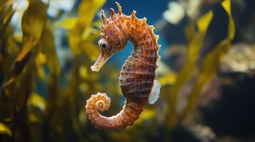 Close-up view of a seahorse in an aquarium setting. photo