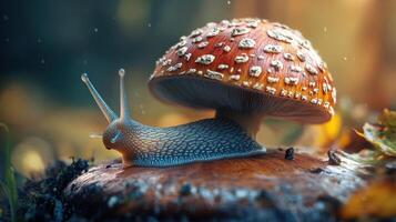 A snail rests beneath a vibrant mushroom cap. photo
