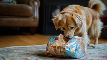 Curious golden dog investigates wrapped present on floor. photo