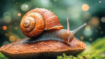 A close-up view of a snail on a mushroom cap. photo