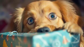 Curious golden retriever puppy peeking from a wrapped gift. photo
