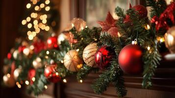Festive christmas decorations on a dark mantelpiece. photo