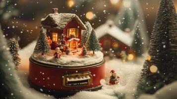 Festive snow-covered miniature village within a music box. photo