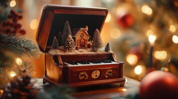 Ornate Christmas music box with miniature house scene. photo