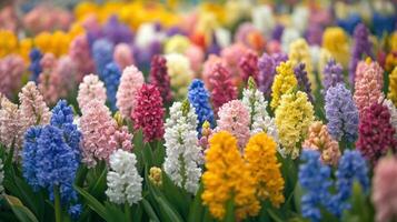 Vibrant array of hyacinths in various pastel colors. photo