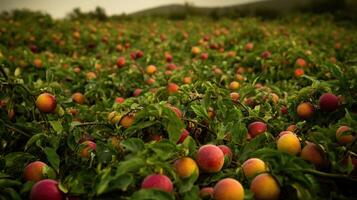 A field of ripe peaches overflowing with fruit. photo