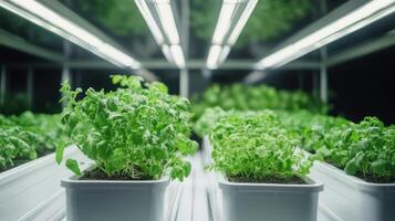 Interior view of rows of flourishing herb plants in a modern greenhouse. photo