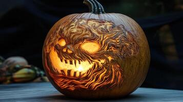 Intricate carved pumpkin, glowing with inner light. photo