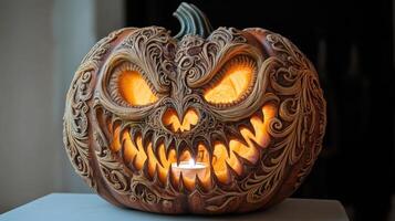 Ornate carved pumpkin with a fierce, glowing face. photo