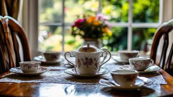 Elegant tea set displayed on a wooden table. photo