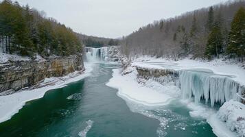 Frozen waterfalls cascading over icy landscape. photo