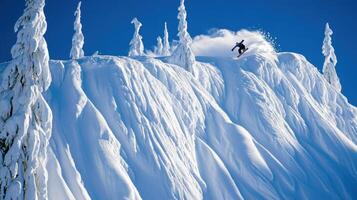 Snowboarder soaring down a snowy mountain peak. photo