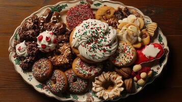 Festive assortment of holiday cookies and treats on a platter. photo