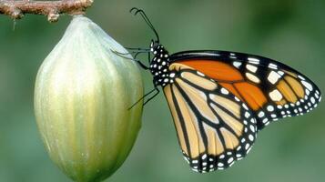 Close-up of monarch butterfly emerging from a pod. photo