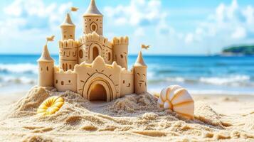 Sunny beach scene with a detailed sandcastle. photo