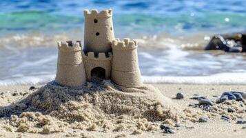 Playful sandcastle on a beach shoreline. photo