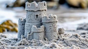 Detailed gray sandcastle creation on the beach. photo