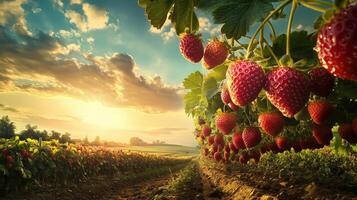 Lush strawberry plants ripened under a vibrant sunset. photo