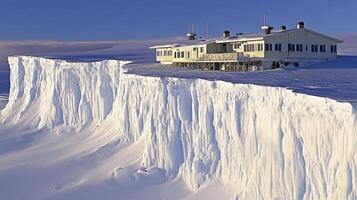 Snowy arctic landscape with building on cliff edge. photo