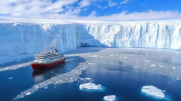 Arctic cruise ship near a glacier face. photo