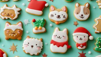 Festive animal and plant iced cookies arranged on a teal background. photo