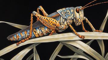 Detailed illustration of a grasshopper on blades of grass. photo
