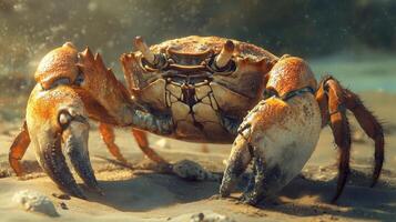 Detailed close-up of a large crab on sandy shoreline. photo
