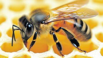Close-up of a honeybee resting on honeycomb cells. photo