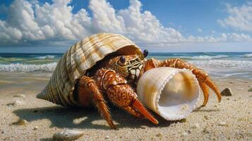 A hermit crab nestled in a shell on a sandy beach. photo