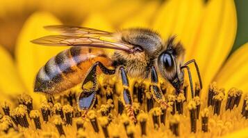 Detailed close-up of a honeybee on a sunflower. photo