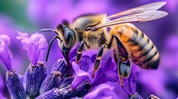 Close-up view of a bee on a vibrant purple lavender blossom. photo