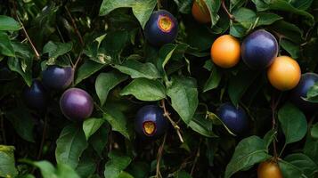 Close-up view of various colorful fruits on a lush green vine. photo