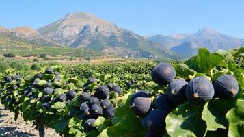 Lush fig orchard with a backdrop of mountains. photo