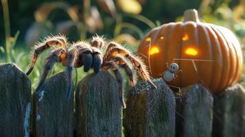Large spider beside a carved pumpkin on a rustic fence. photo