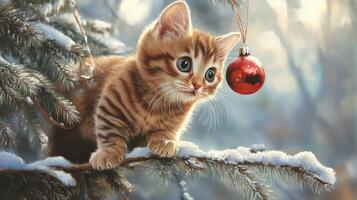 A winter scene featuring a kitten on a snow-covered tree branch. photo